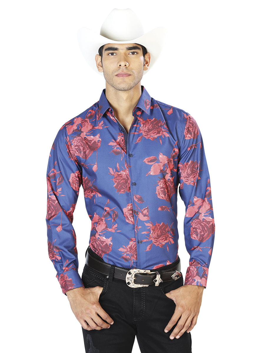 Camisa casual de manga larga azul y roja 43563
