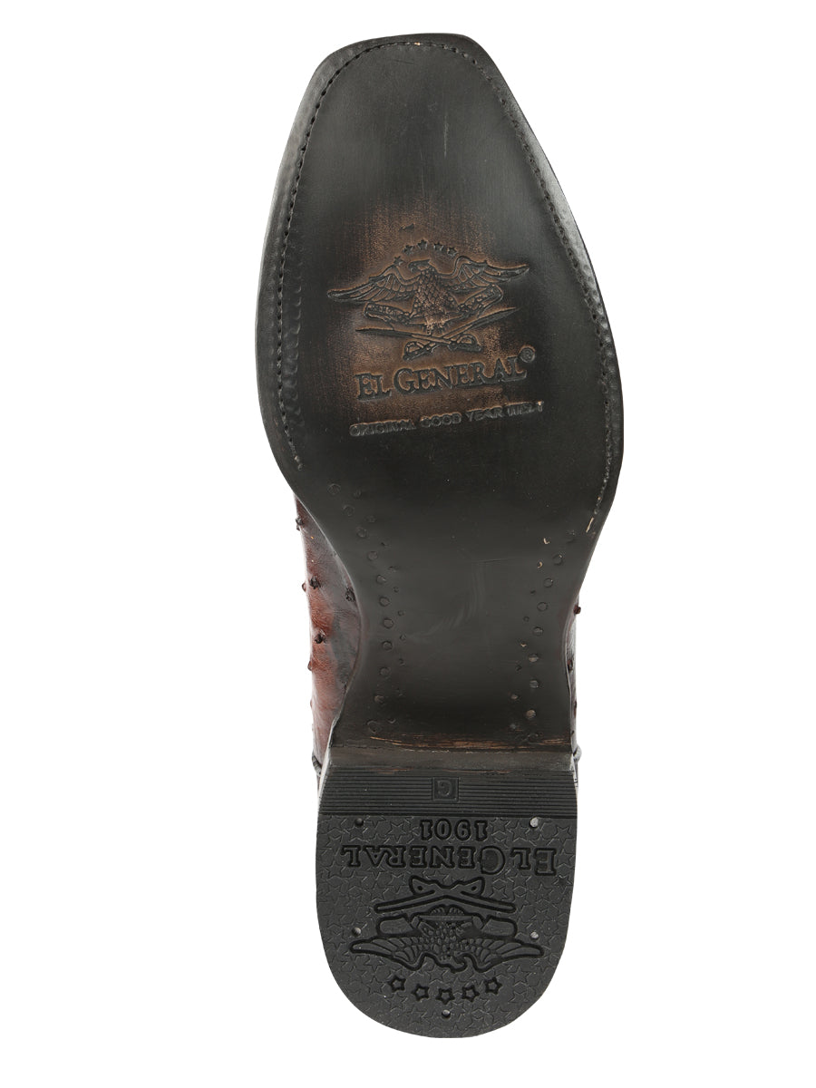 El General Men's Exotic Ostrich Leather Cowboy Boots - Brown 45516