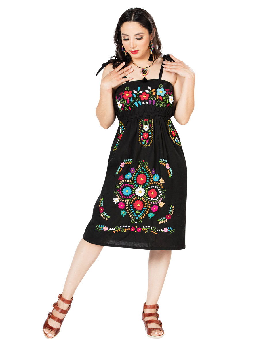 Artisanal Embroidered Dress 100% Cotton Black 603074