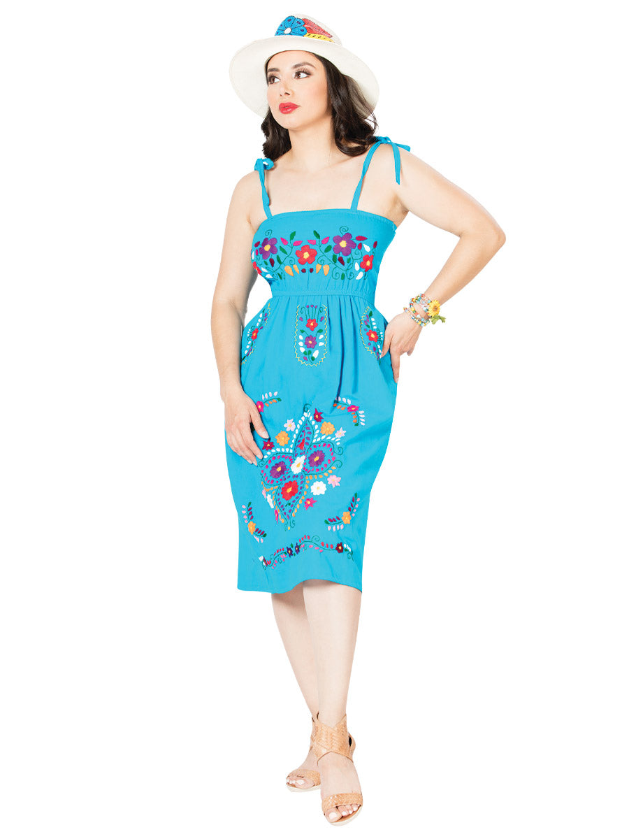 Artisanal Embroidered Dress 100% Cotton Blue 603076