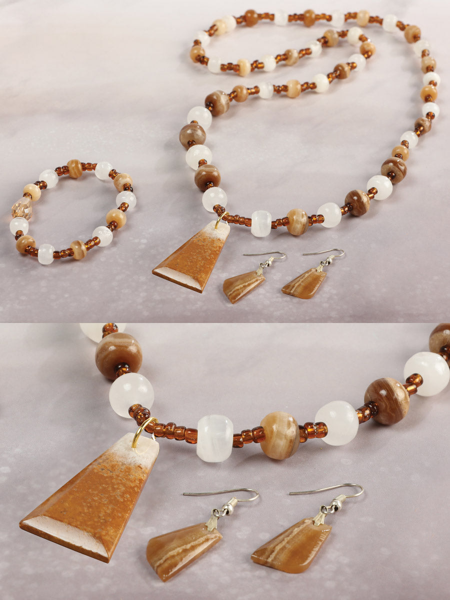 Artisanal Set Earrings-Necklace-Bracelet Onyx Stone Brown/Caramel 603145