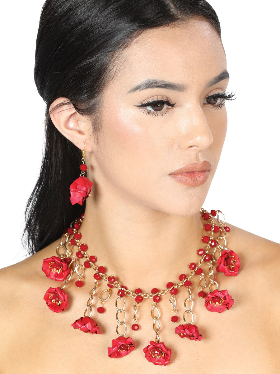 Artisanal Set Earrings-Necklace Palm-Silk Thread Red 603225