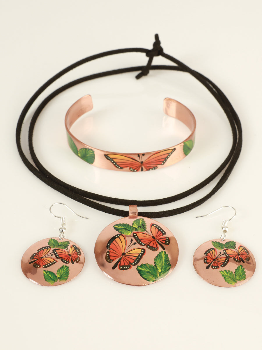 Artisanal Hand Painted Set Earrings-Necklace-Bracelet Copper 603403