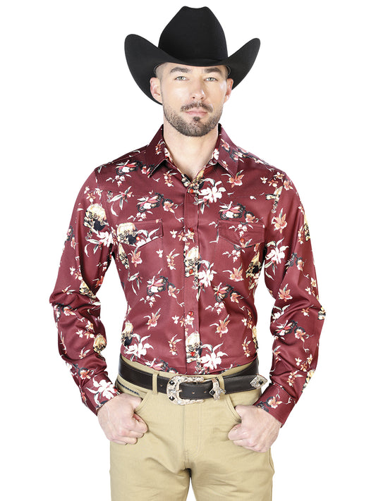 Burgandy Flowers Casual Long Sleeve Shirts 43951