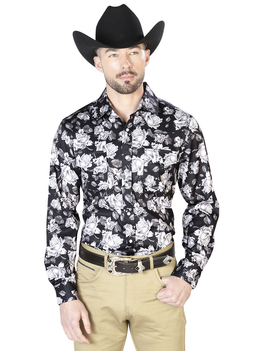 Camisa informal de manga larga con estampado floral negro 43960