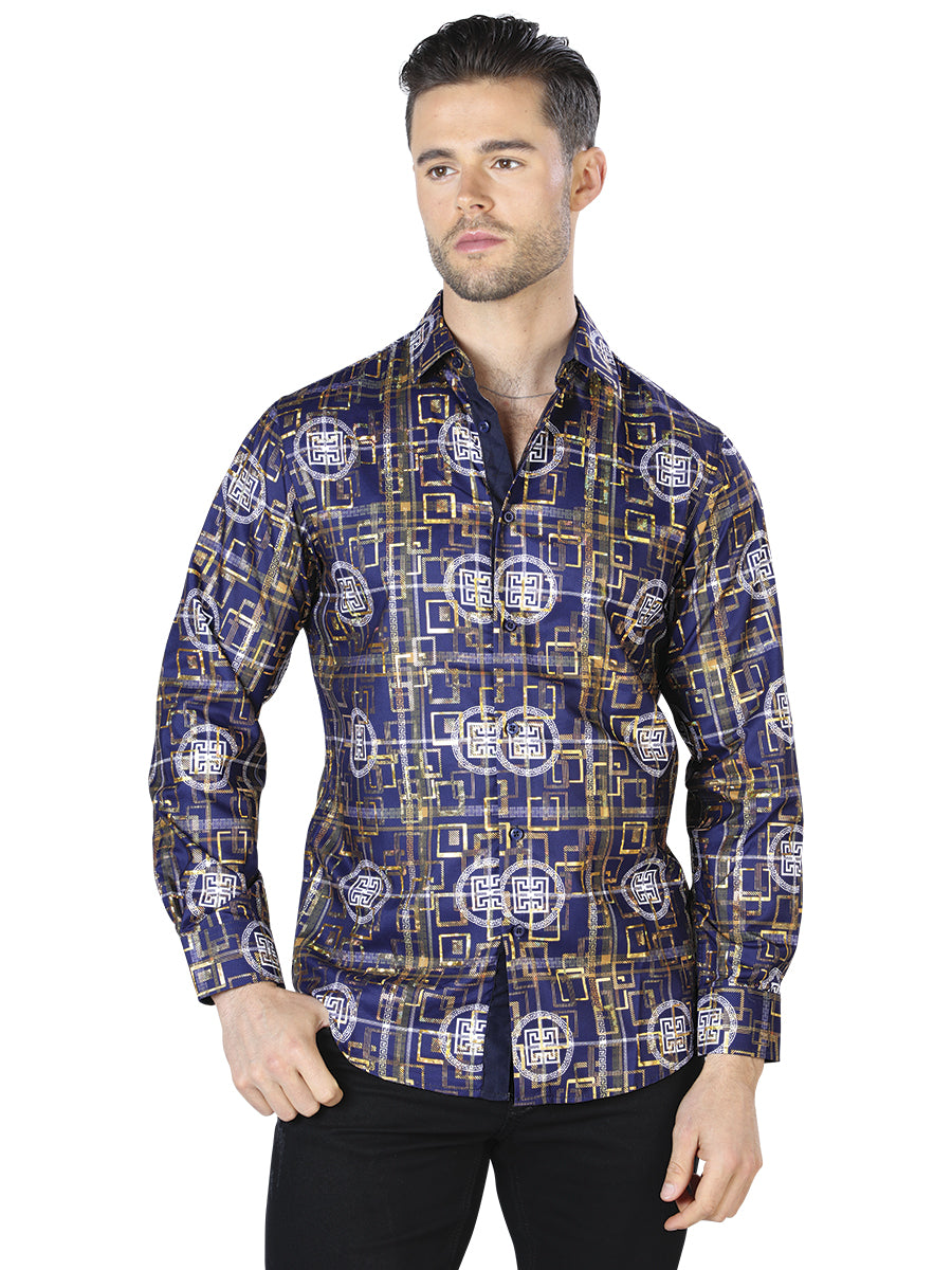Navy And Gold Casual Long Sleeve Shirt 44014