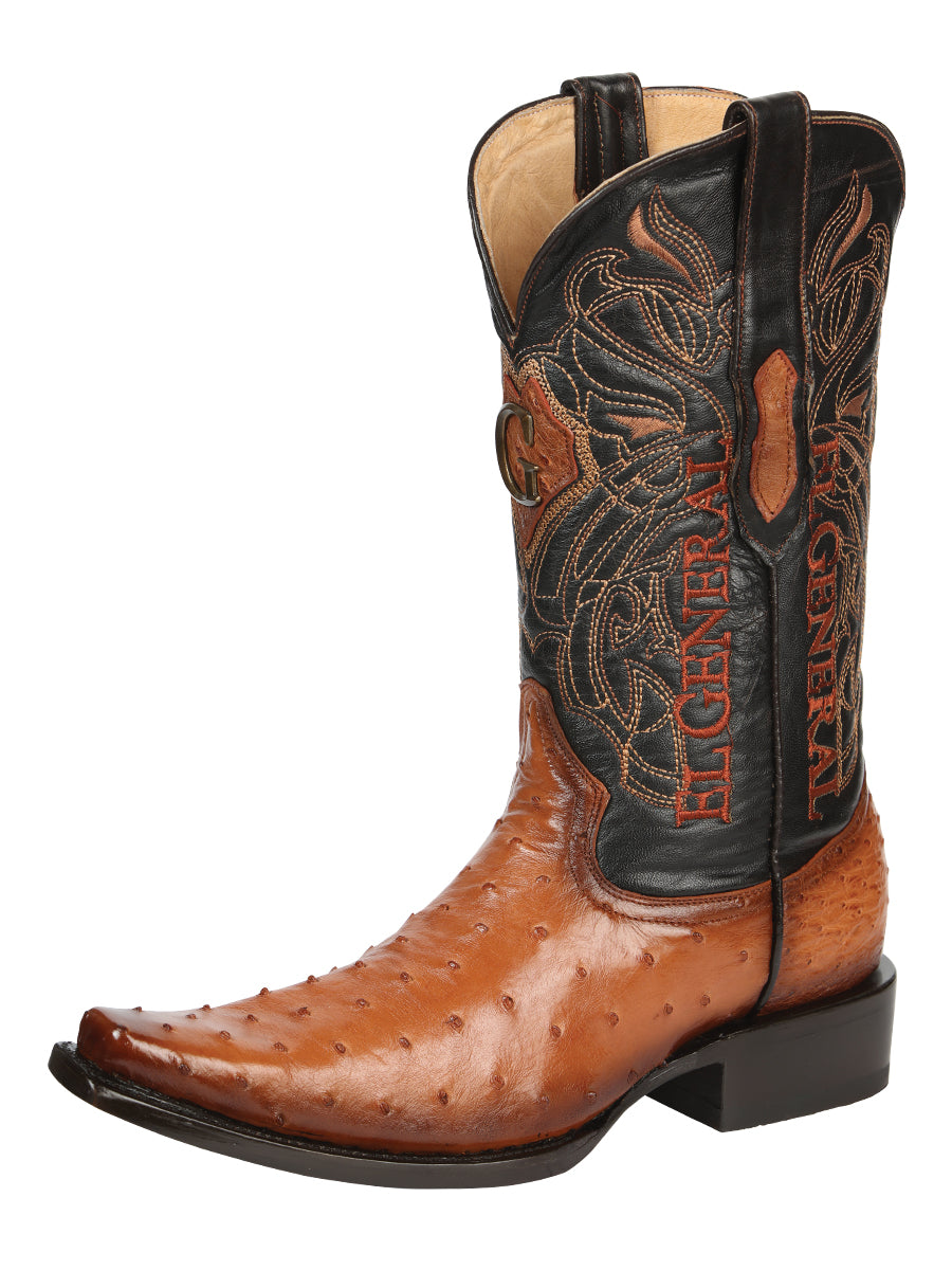 El General Men's Exotic Ostrich Leather Cowboy Boots - Cognac 45077