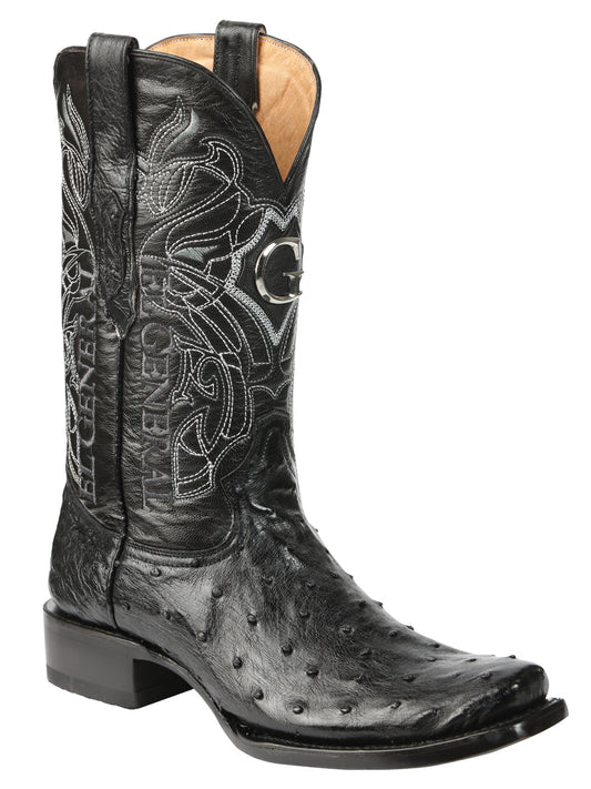 El General Men's Exotic Ostrich Leather Cowboy Boots - Black 45515