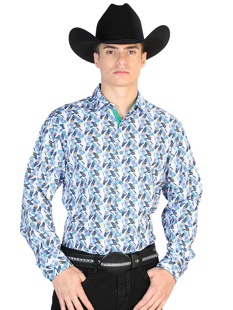Camisa casual de manga larga azul y blanca 126274