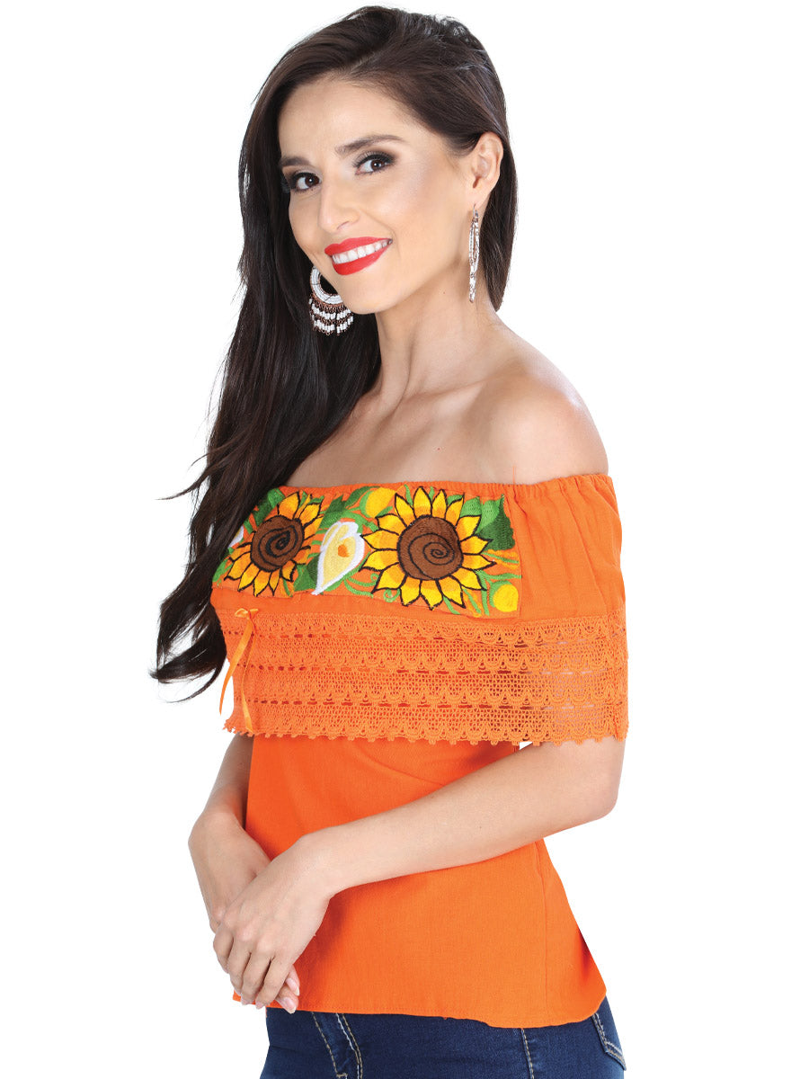 Artisanal Embroidered Blouse 50% Cotton, %50 Polyester Orange 601283