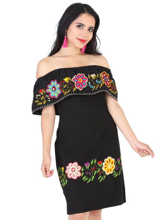 Artisanal Embroidered Dress 100% Cotton Black 601976