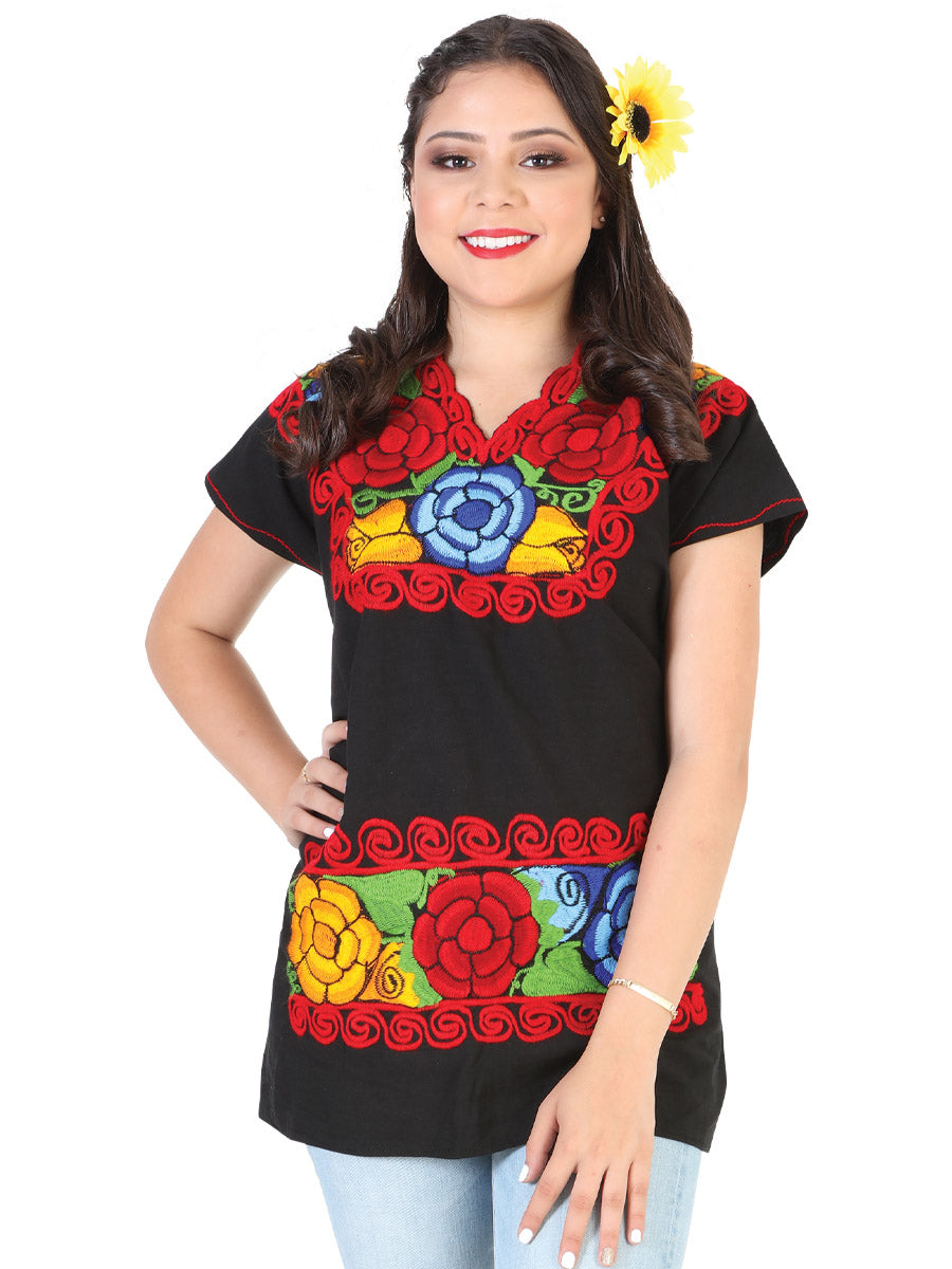 Artisanal Embroidered Blouse 100% Cotton Black 602302