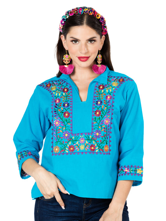 Artisanal Embroidered Blouse 100% Cotton Blue 603061